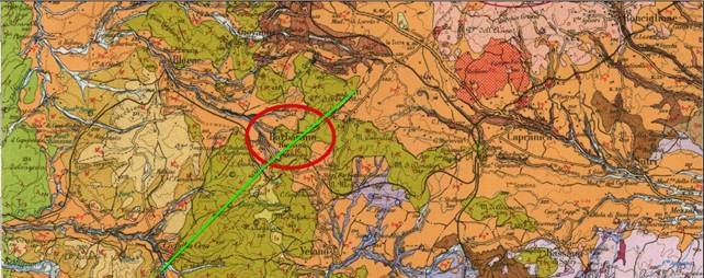 Figura 3 Stralcio della carta geologica dell'area, con l'ubicazione di Barbarano Romano (rosso) e la traccia della  sezione geologica (verde),riportata al di sotto della carta.